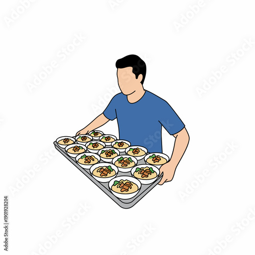 Man holding a tray of various dishes, standing alone, from a high angle view