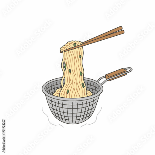 Noodles being lifted by chopsticks from a metal basket, a common Asian culinary scene
