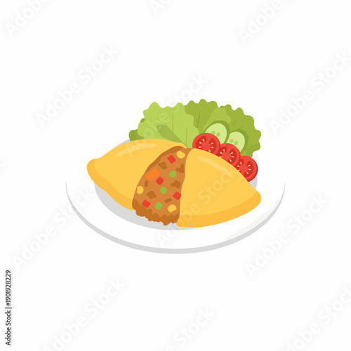 A vibrant illustration of a halved empanada on a plate with fresh salad and vegetables from a top-down view