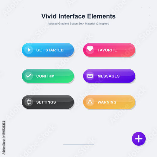 This set of colorful gradient user interface buttons features modern icons for actions such as get started, favorite, confirm, messages, settings, and warning on a light background.
