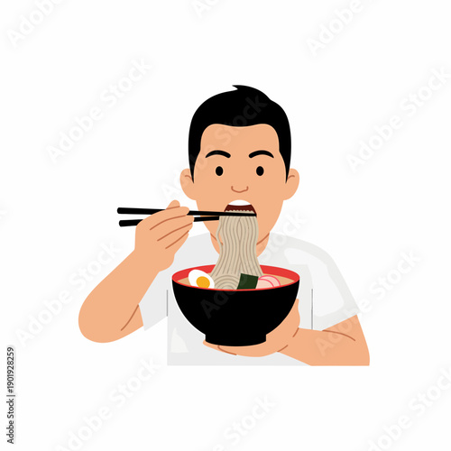 Man enjoying a steaming bowl of noodles with chopsticks in a casual dining setting
