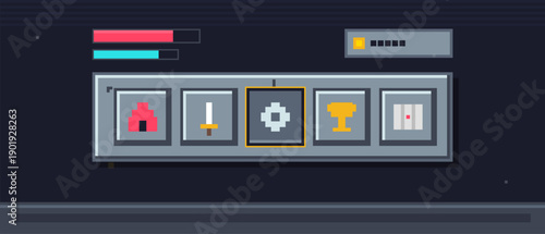 A pixel art user interface for a retro video game featuring health and mana bars, a currency counter, and an inventory bar with various icons on a dark background.