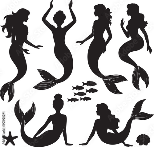 black silhouettes of mermaids and sea creatures on white background