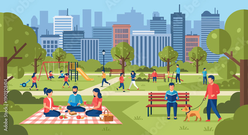 Bustling city park illustration with people enjoying various leisure activities like picnics, jogging, and playing on a playground with a modern urban skyline in the background