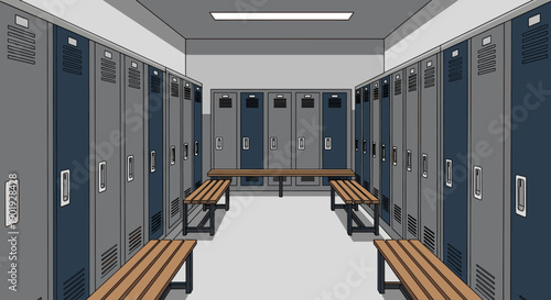 Empty locker room interior with metal lockers and wooden benches in a clean, graphic illustration style with a one-point perspective view