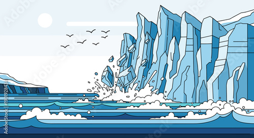 Large blue glacier calving into the ocean, with massive ice chunks breaking off and splashing into the cold arctic water in a dramatic minimalist line art illustration