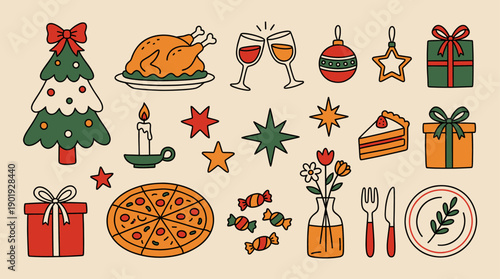 Collection of colorful Christmas celebration illustrations featuring food, decorations, and gifts in a simple hand-drawn style with a warm, festive holiday mood