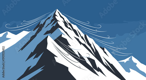 Stylized snowy mountain peak illustration with sharp, angular lines and stylized wind gusts blowing across the summit against a deep blue sky
