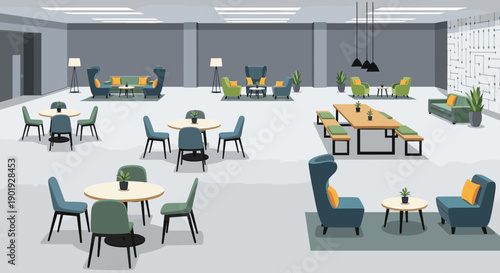 Modern open-plan office lounge interior with various seating areas, including comfortable armchairs, sofas, and tables, creating a contemporary co-working environment illustration