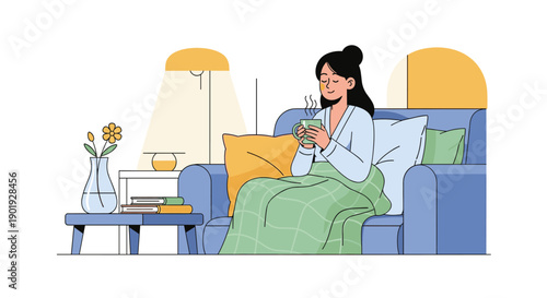 Relaxed young woman in a robe sits on a cozy couch, wrapped in a green blanket while enjoying a hot steaming drink from a mug in a comfortable living room illustration