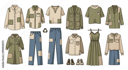 Collection of patched upcycled clothing items illustration showing sustainable slow fashion with mended shirts, jeans, and dresses isolated on a white background