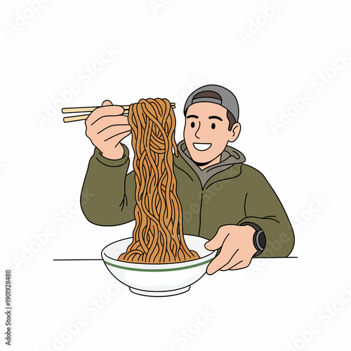 Man enjoying a bowl of noodles with chopsticks in a casual dining setting