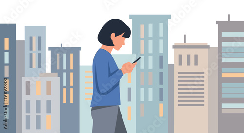 Young woman with short dark hair walks through a city while looking at her smartphone in a minimalist flat vector illustration style against a modern cityscape background