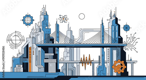 Complex futuristic industrial landscape illustration with gears, circuits, and an atom symbol representing innovation and progress, isolated on a white background
