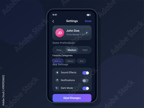 This mobile app interface displays a settings menu for a trivia game, featuring user profile details, game difficulty levels, category selections, and toggle switches for app features.