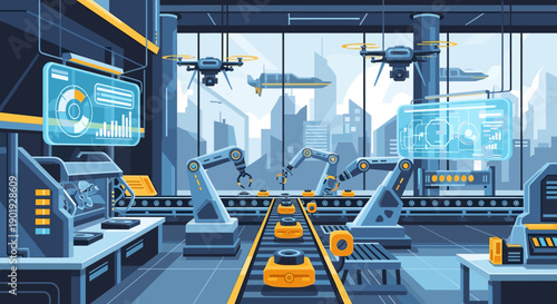 Futuristic smart factory with automated robotic arms on a production line, flying drones, and holographic interface screens showing data in a clean vector illustration