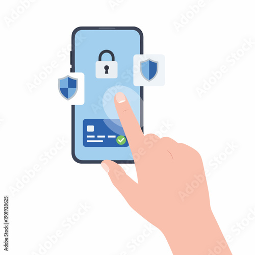 A hand unlocking a smartphone with security symbols