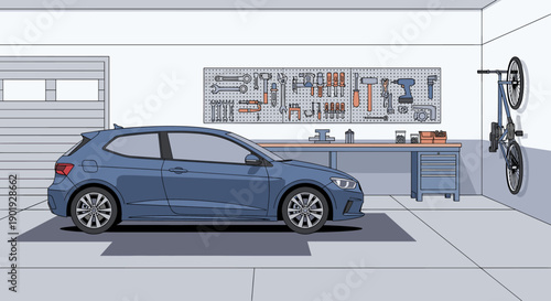 Generic blue hatchback car parked inside a well-organized home garage with a workbench, pegboard with tools, and a bicycle hanging on the wall, vector illustration