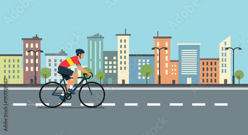 Male cyclist in a helmet and jersey rides a road bike on a city street with a modern cityscape background in a flat design vector illustration style