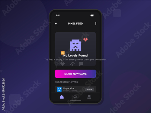 This mobile app UI design features a pixelated ghost character and a message stating no levels were found. It includes a vibrant gradient button and a list of suggested online players.