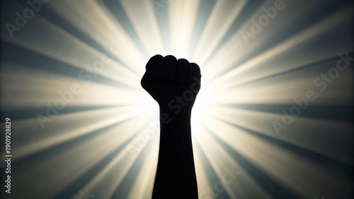 Clenched fist silhouette raised against bright glowing light with dramatic high contrast lighting