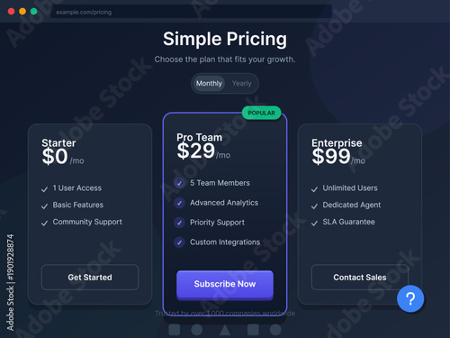 A modern dark mode website pricing page interface featuring three subscription tiers with different price points, feature lists, and call-to-action buttons for a software service.