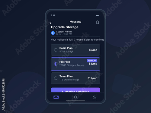 A mobile application interface displays a storage upgrade message with three subscription plans. The dark mode design features options for basic, pro, and team storage service tiers.