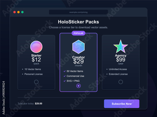 A dark mode user interface design for a pricing page featuring three subscription tiers with holographic icons, price points, feature lists, and a purple subscribe button at the bottom.
