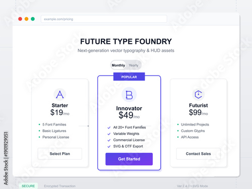 A modern web interface displays a subscription pricing table with three tiers, including monthly rates, feature lists, and call to action buttons for a digital font service.
