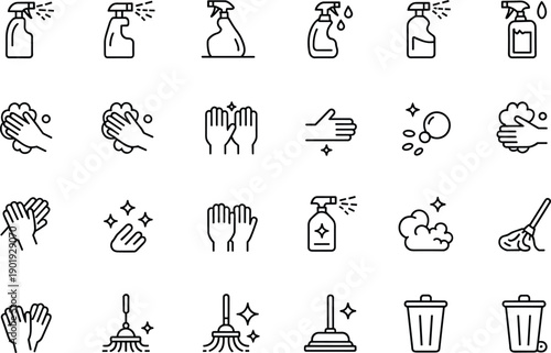 Line Art Cleaning Icon Set Featuring Hygiene Spray Bottles Hand Washing Symbols Sanitation Tools Housekeeping Supplies Disinfectant Products Trash Cans and Professional Janitorial Service Concepts
