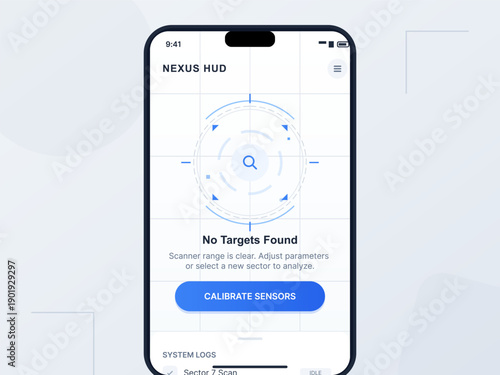 A mobile phone screen shows a futuristic digital interface with a circular scanner graphic. The display indicates no targets found and includes a blue button for sensor calibration.