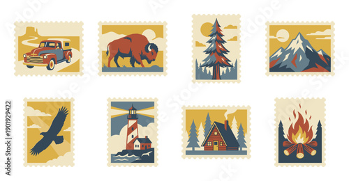Vintage Flat Vector Wilderness Adventure Postage Stamp Collection for Outdoor Travel Stationery