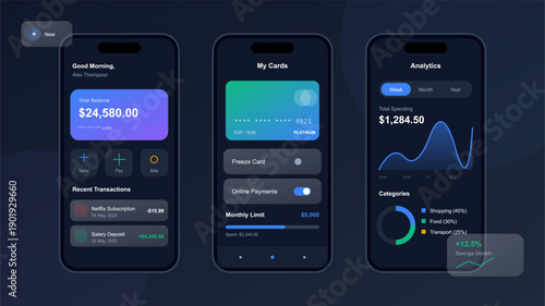 Three mobile phone screens display a dark-themed financial application interface featuring account balances, transaction history, credit card management, and detailed spending analytics.