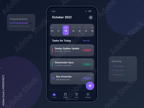 This dark mode mobile app UI design displays a daily task list, productivity score, and upcoming events for October 2023 on a sleek smartphone screen interface.