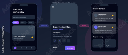 A mobile application prototype for booking luxury travel accommodations, featuring search results, hotel details, and guest reviews on three dark-themed smartphone screens.