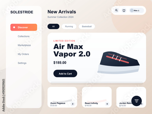 Digital user interface design for a shoe shop website displays a featured athletic sneaker with price details, navigation menu, and various product categories in a clean style.
