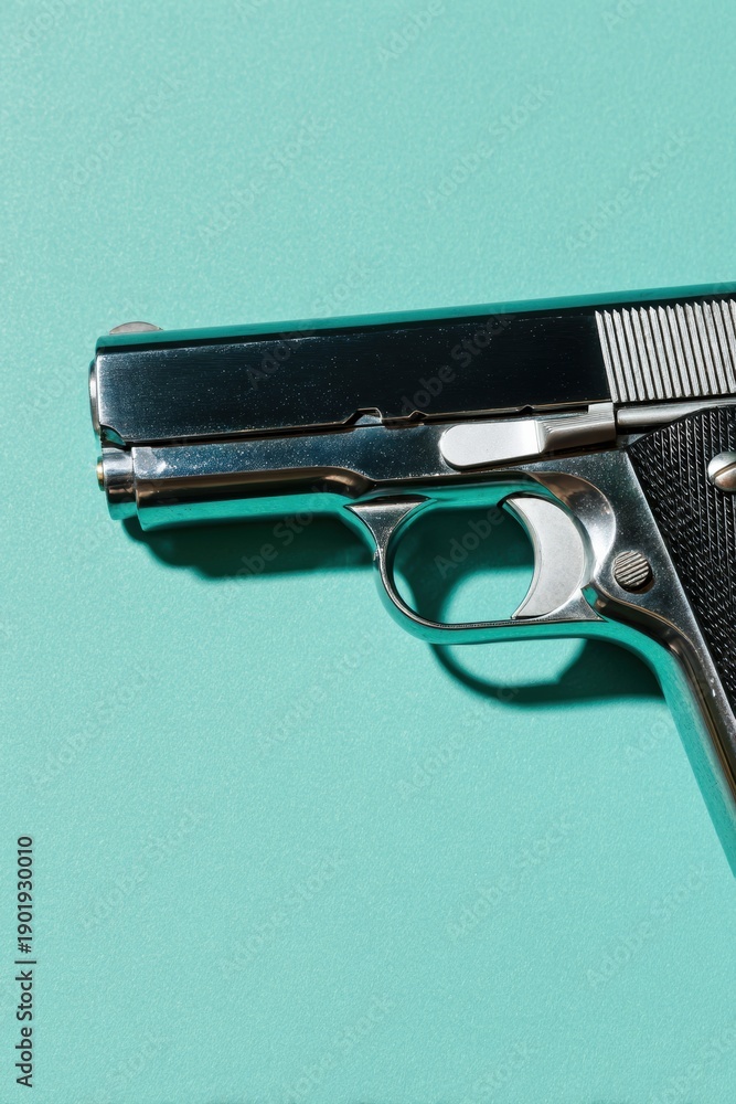 Fototapeta premium Semi Automatic Handgun Isolated on Teal Background with Metallic Texture For Law Enforcement Training and Crime Drama Visuals Featuring Hard Studio Lighting and Copy Space