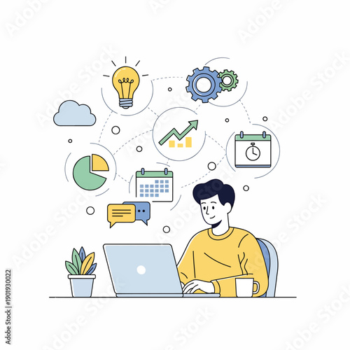 A man works on a laptop with business icons around him