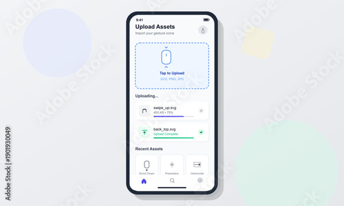 Mobile app user interface for uploading digital assets like gesture icons. The screen features a tap to upload area, file progress indicators, and a gallery of recently uploaded items.