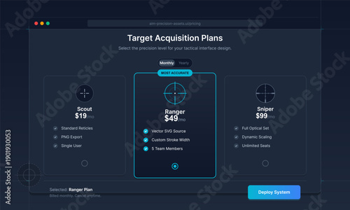 A digital interface displays a pricing table for tactical design assets with three tiers, featuring reticle graphics, monthly subscription costs, and a blue call to action button.