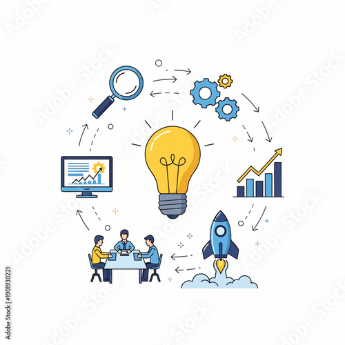 A stylized illustration showing a lightbulb surrounded by business and technology icons