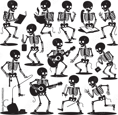 Black and white silhouette skeletons engaging in various activities