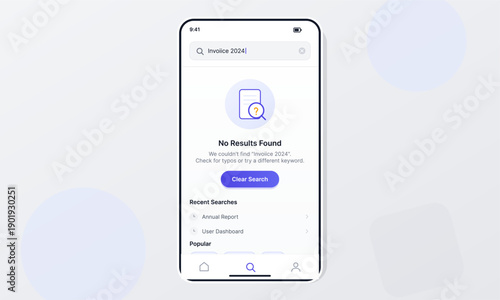 A mobile application interface displays a no results found message after a search query. The screen includes a clear search button and recent search history on a light background.