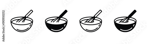 Whisk mixing batter in a bowl, culinary scene of food preparation, outline and solid icons representing blending ingredients for baking