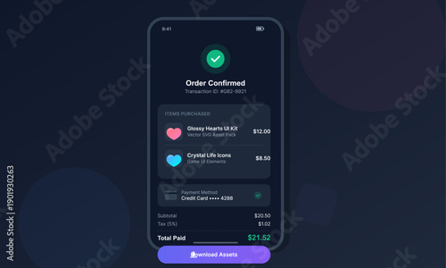 A mobile application interface displays a successful order confirmation screen with a list of digital assets purchased, payment details, and a download button on a dark background.