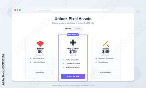 A web page design shows a subscription pricing model for 8-bit user interface kits, featuring three distinct plans with retro icons, price points, and feature lists.