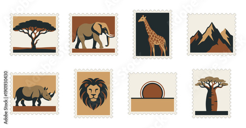Minimalist African Wildlife and Savanna Landscape Postage Stamp Collection for Safari Travel Branding