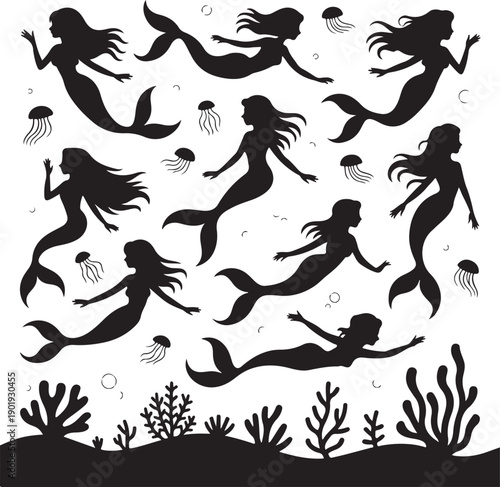 black silhouettes of mermaids swimming with jellyfish and seaweed underwater