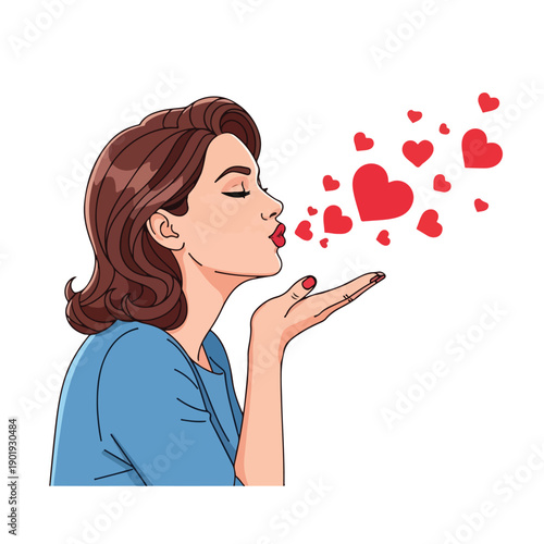 Woman Blowing Hearts from Her Mouth.