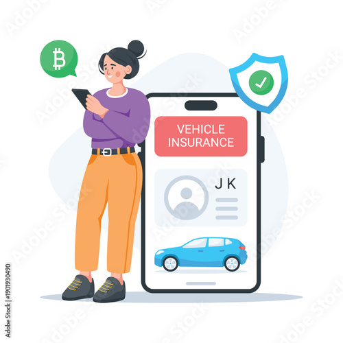 Here is a modern crypto vehicle insurance payment flat illustration